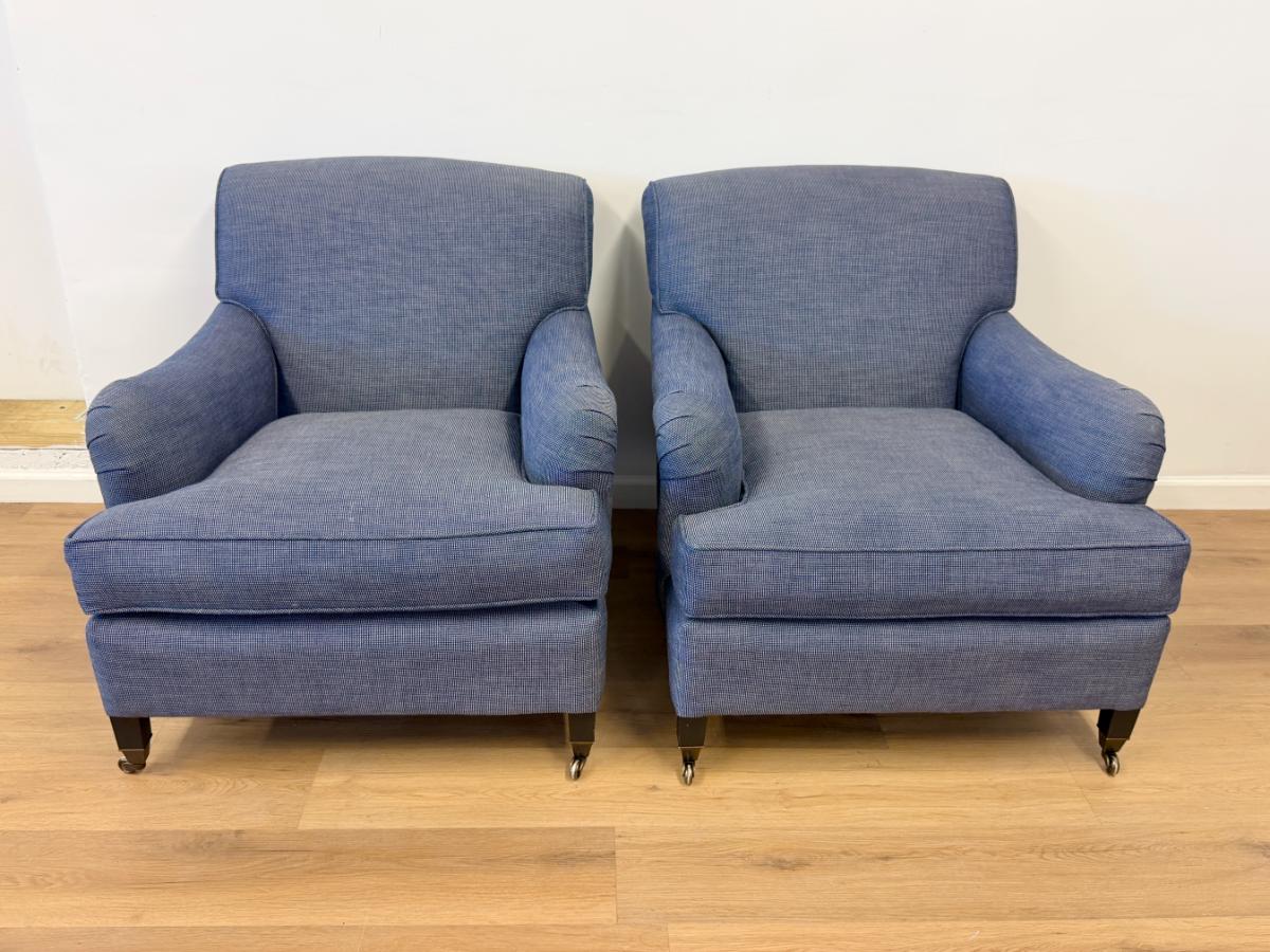 Custom English Roll Arm Club Chairs on Casters, Pair