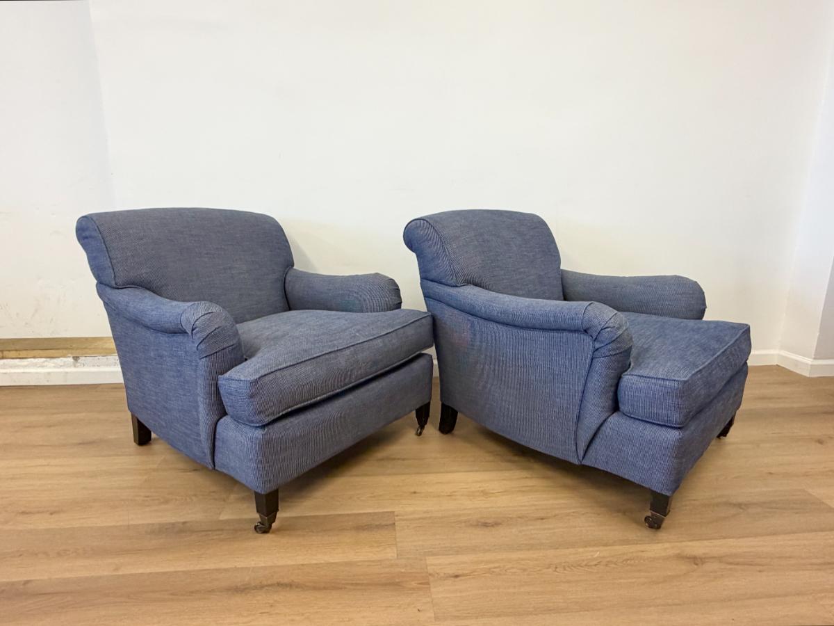 Custom English Roll Arm Club Chairs on Casters, Pair