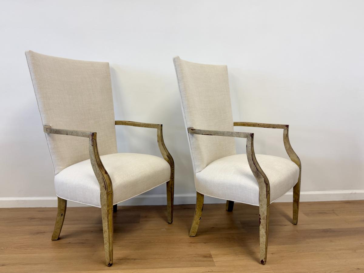 Custom High Back Linen Arm Chairs, Pair