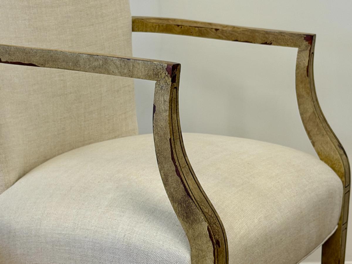 Custom High Back Linen Arm Chairs, Pair