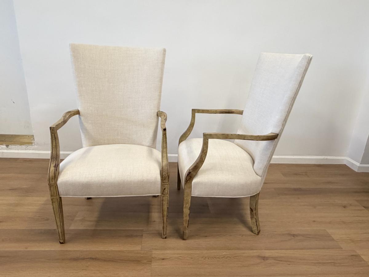 Custom High Back Linen Arm Chairs, Pair