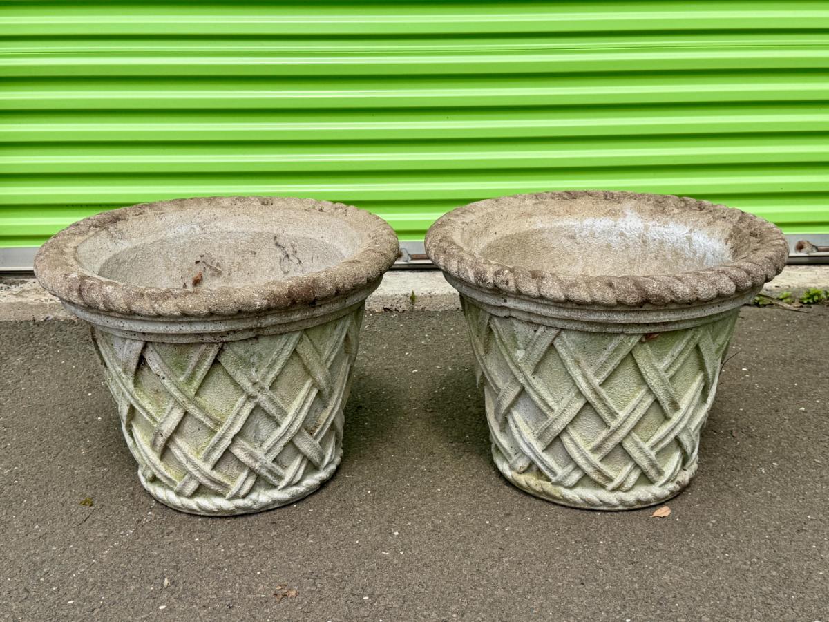Campania English Weave Cast Stone Planters, Pair