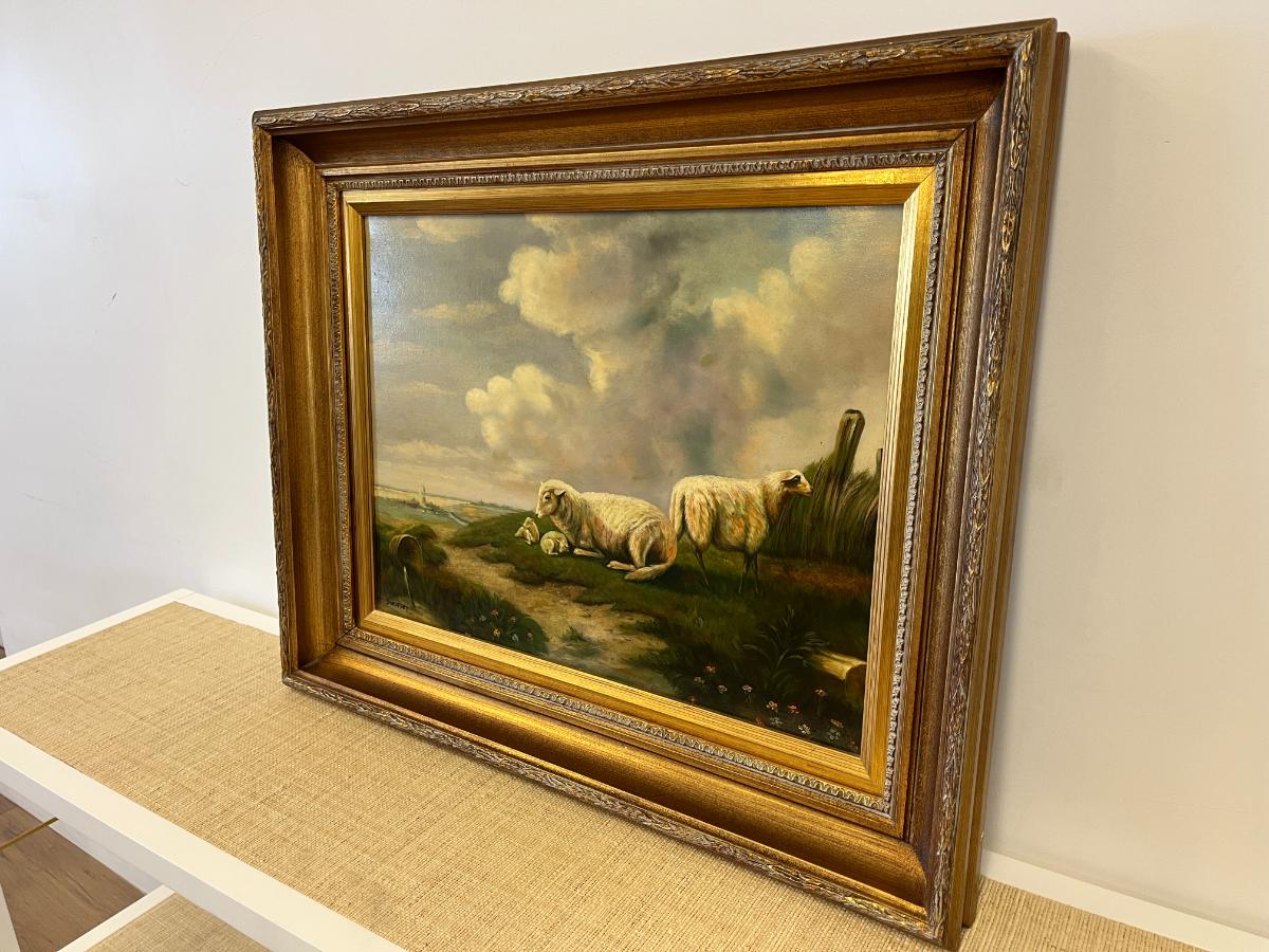 Beautifully Framed Sheep in a Landscape Oil Painting by Borofsky