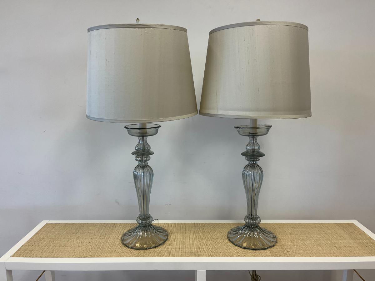 Large Hollywood Regency Fluted Glass Lamps with Silk Shades, Pair