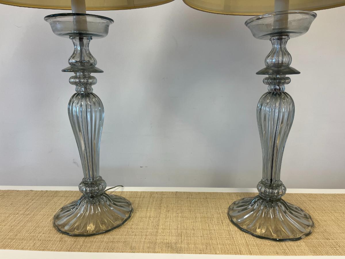Large Hollywood Regency Fluted Glass Lamps with Silk Shades, Pair