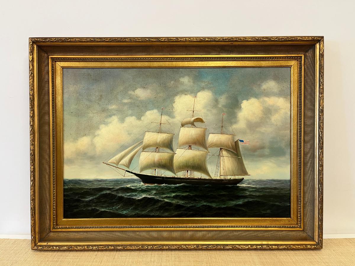 Large 20th-Century Maritime Oil Painting of an American Clipper Ship, Signed Cooper