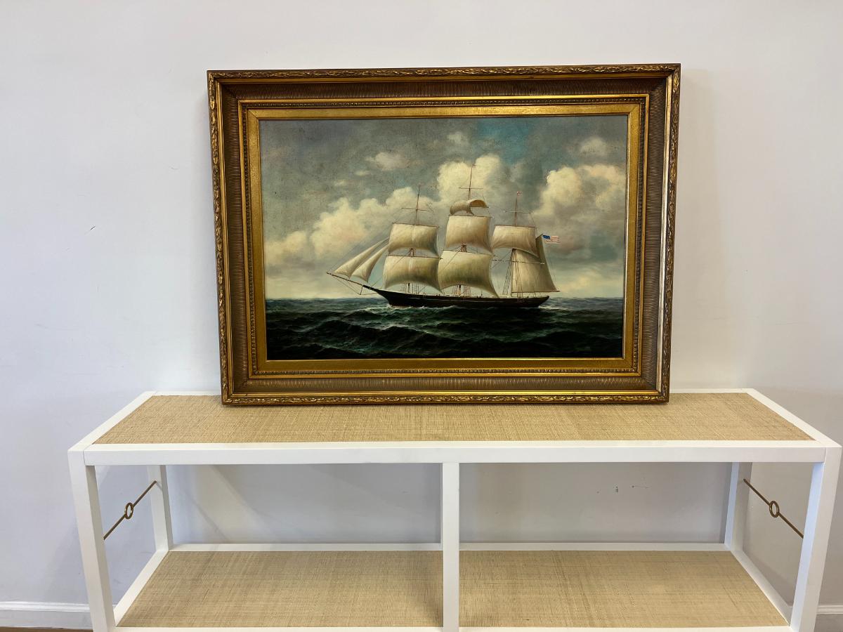 Large 20th-Century Maritime Oil Painting of an American Clipper Ship, Signed Cooper