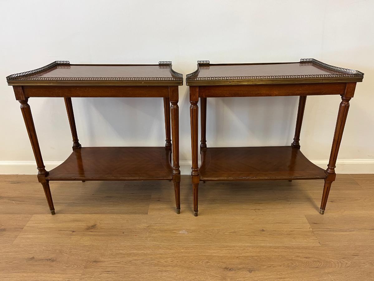 Antique Mahogany Side Tables with Brass Corner Gallery, Pair