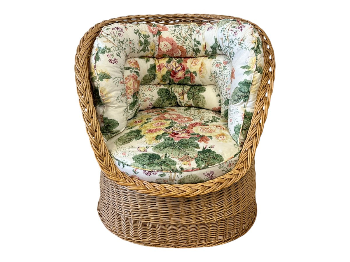 Wicker Tub Chair with Custom Cushion in Lee Jofa Hollyhock