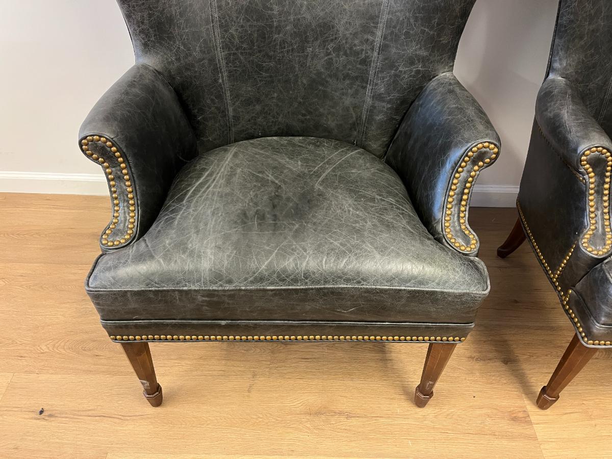 Grey Leather Butterfly Wingback Chairs, Pair