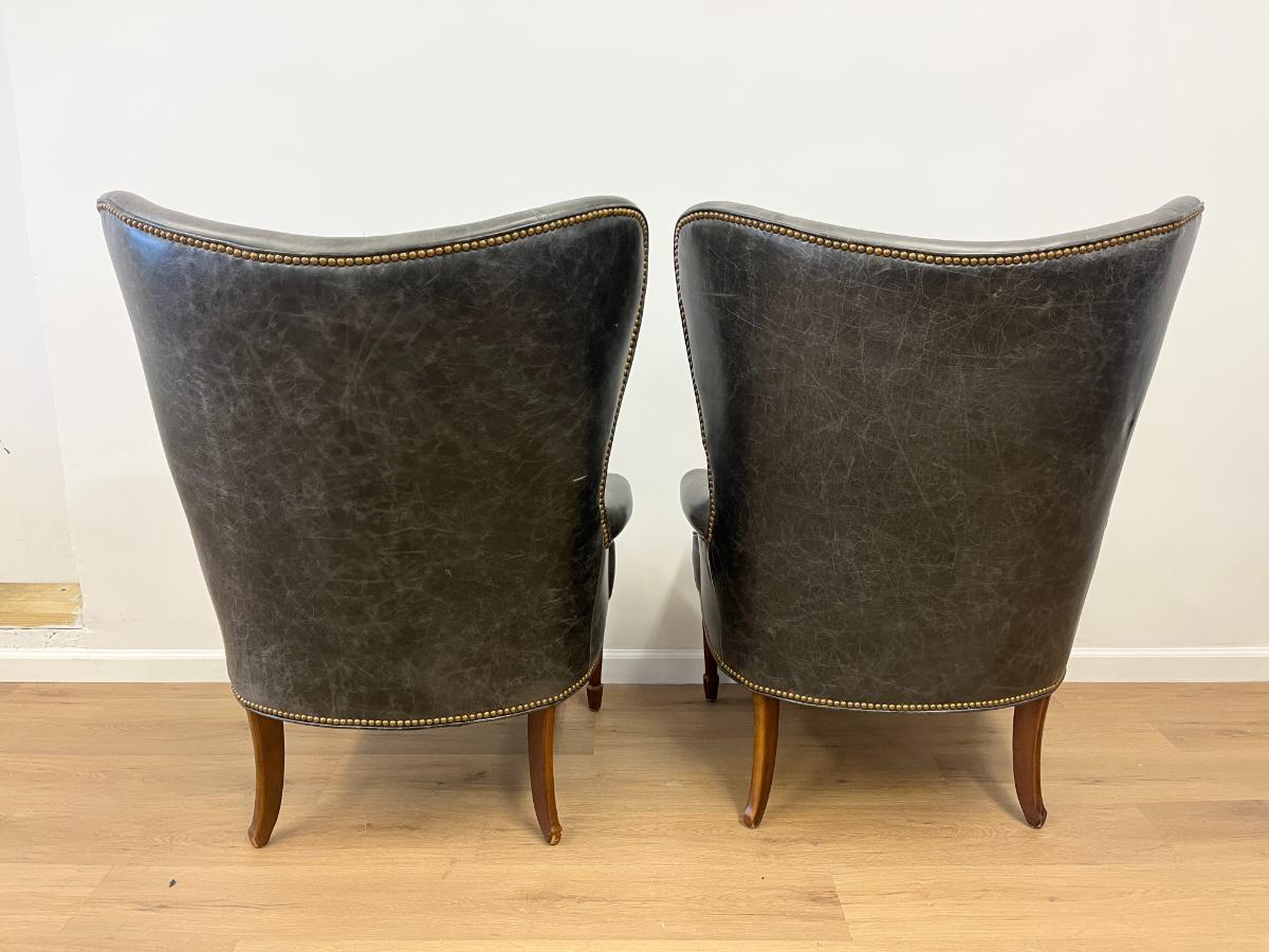 Grey Leather Butterfly Wingback Chairs, Pair