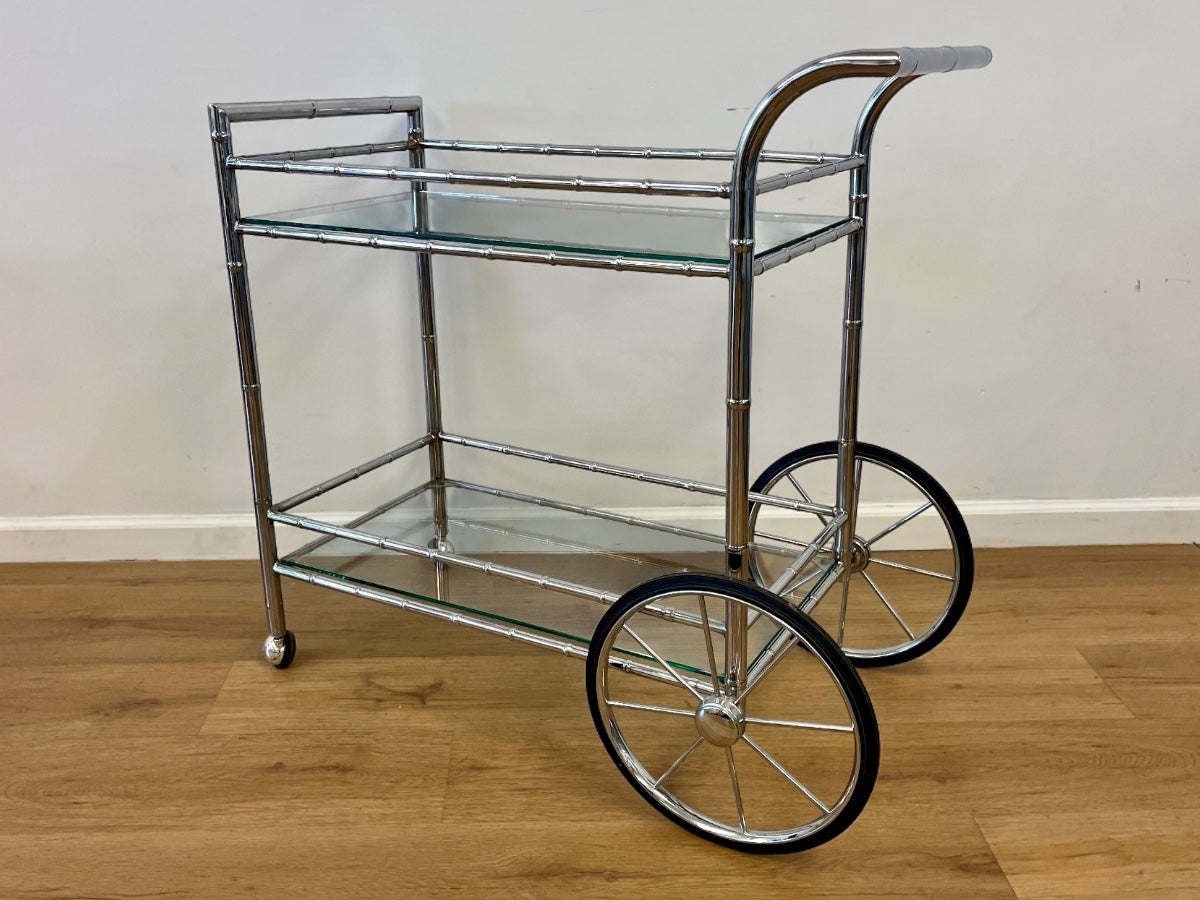 Vintage Faux Bamboo Bar Cart with Glass Shelves