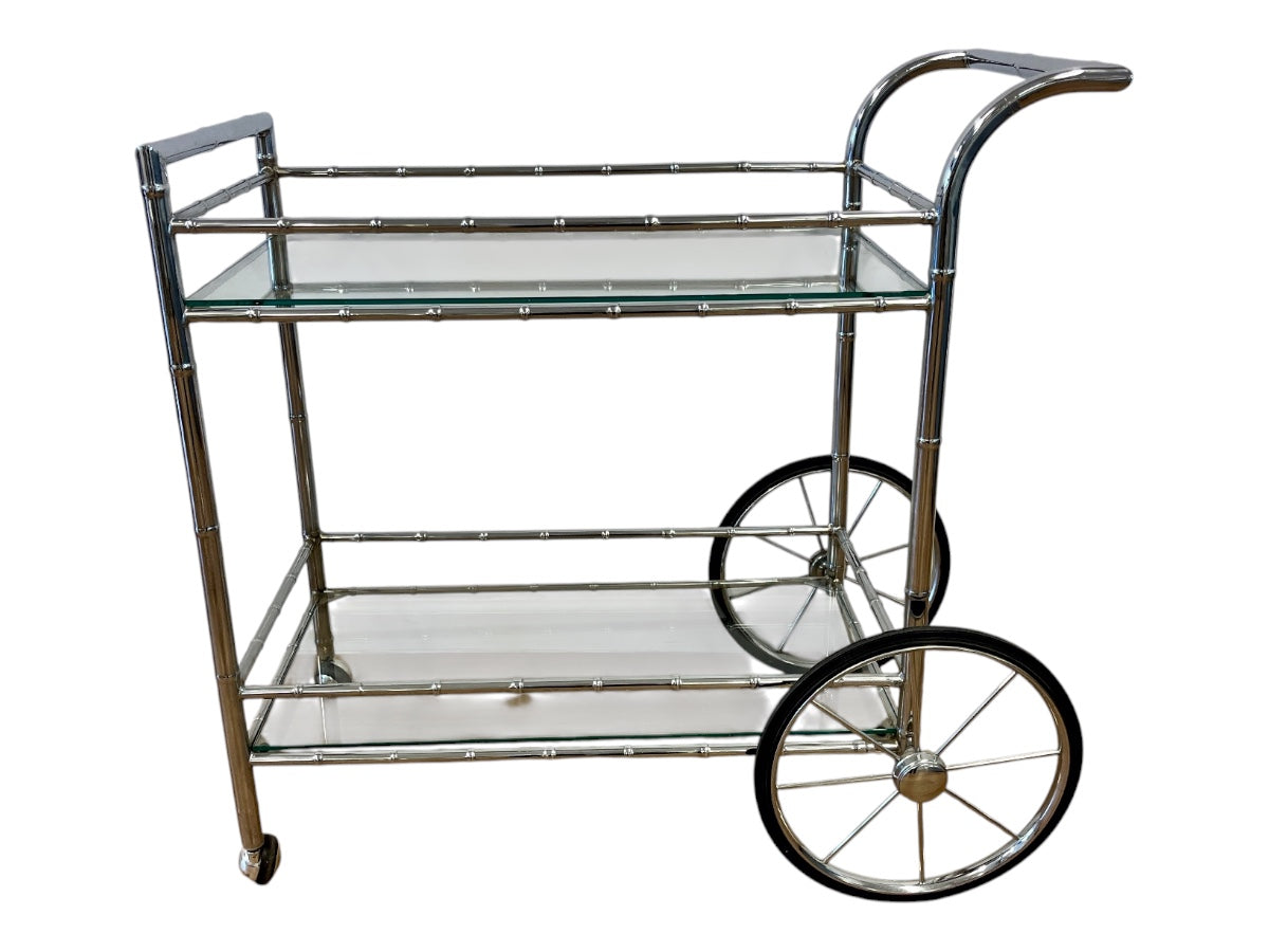 Vintage Faux Bamboo Bar Cart with Glass Shelves