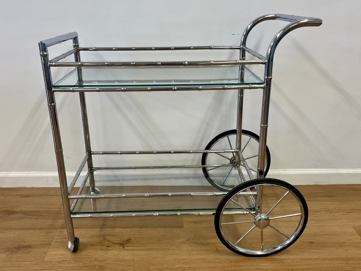 Vintage Faux Bamboo Bar Cart with Glass Shelves