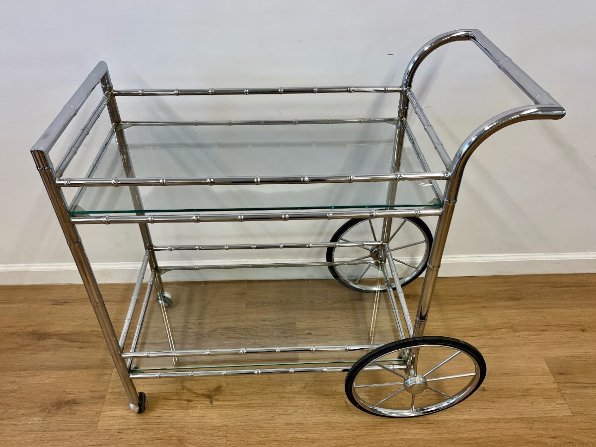 Vintage Faux Bamboo Bar Cart with Glass Shelves