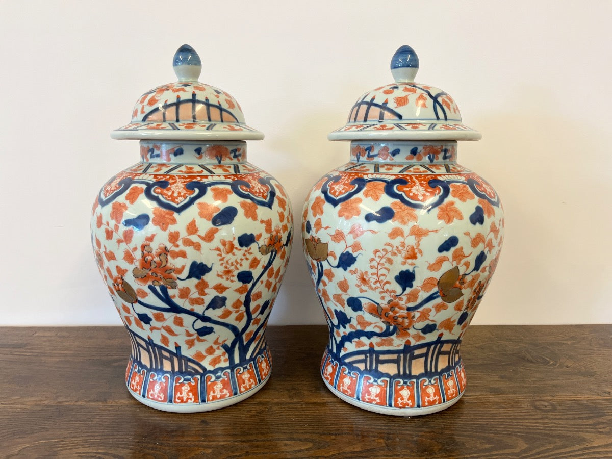 Japanese Imari Polychrome Covered Porcelain Urns, Pair