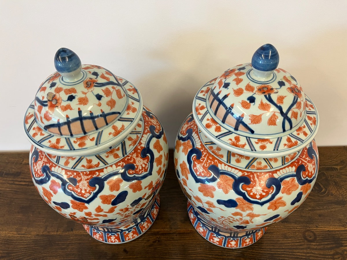 Japanese Imari Polychrome Covered Porcelain Urns, Pair