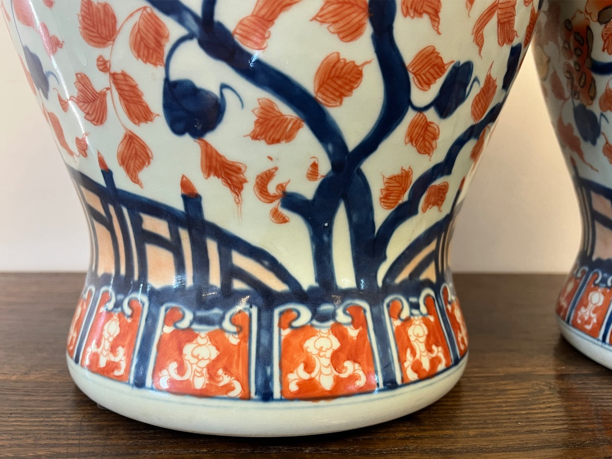Japanese Imari Polychrome Covered Porcelain Urns, Pair