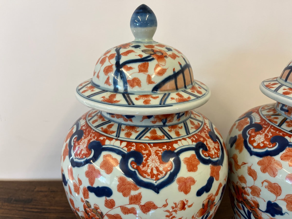 Japanese Imari Polychrome Covered Porcelain Urns, Pair