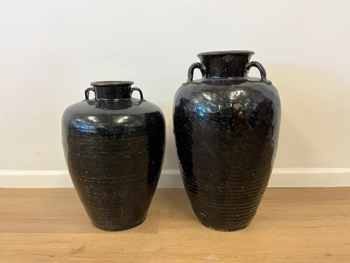 Antique Brown Glazed Earthenware Urns, Pair
