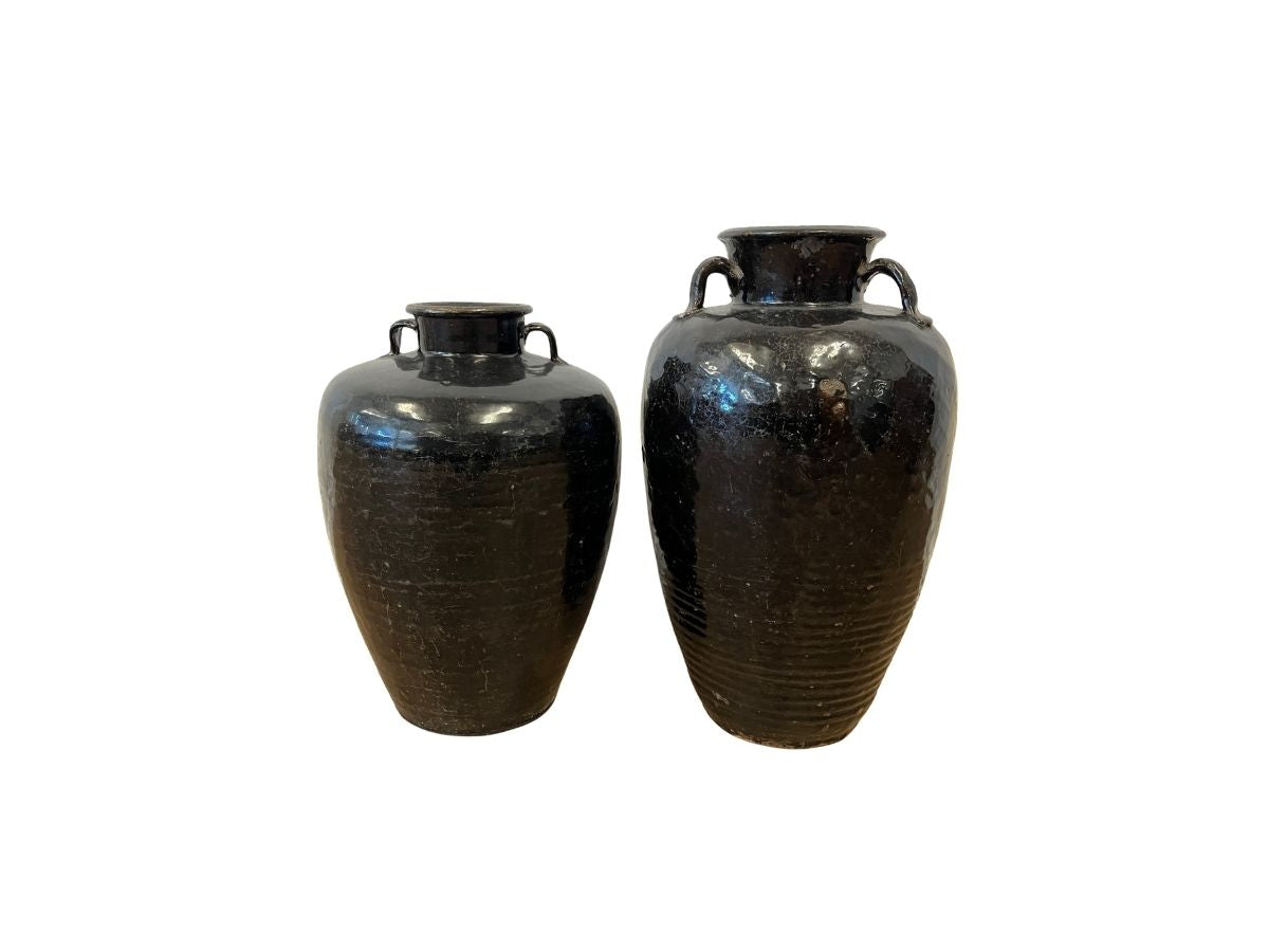 Antique Brown Glazed Earthenware Urns, Pair