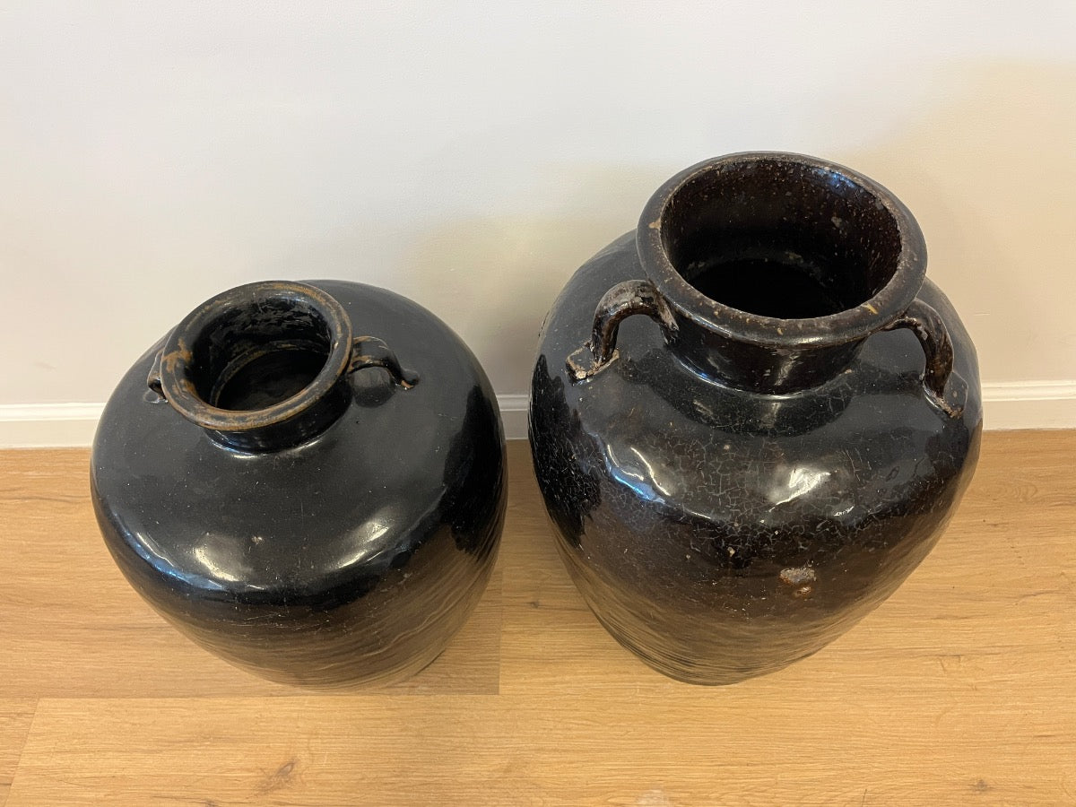 Antique Brown Glazed Earthenware Urns, Pair