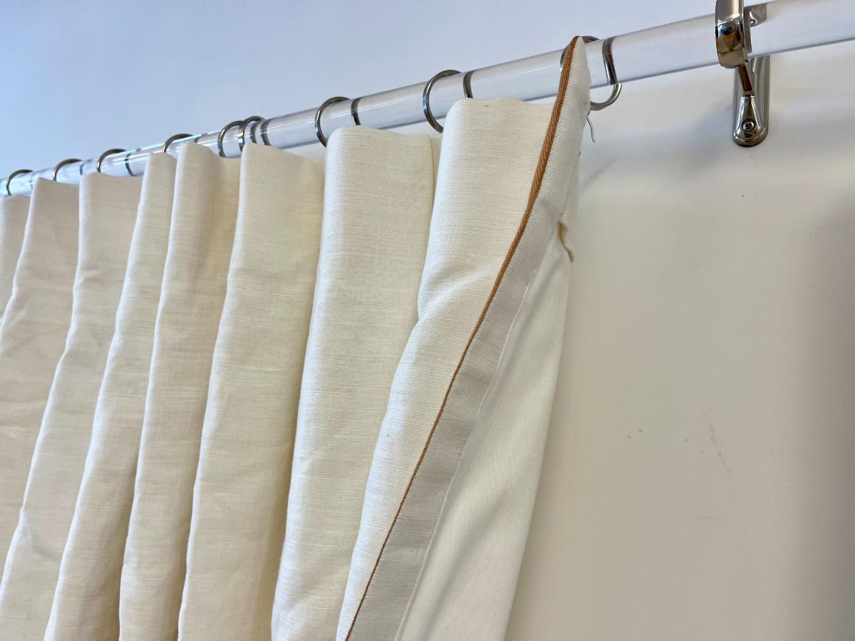 Pair of Linen White Window Panels with Trim, One Pair
