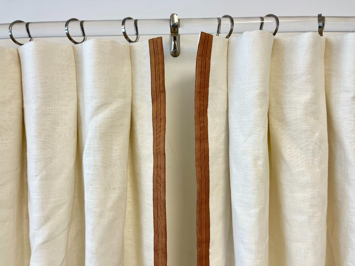 Pair of Linen White Window Panels with Trim, One Pair
