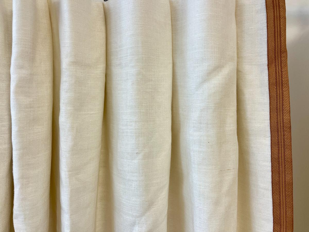 Pair of Linen White Window Panels with Trim, One Pair
