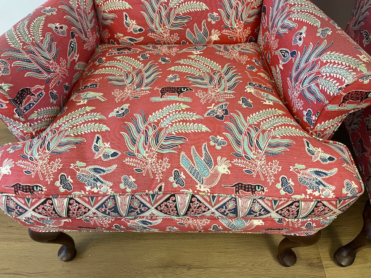 Queen Anne Wing Chairs in China Seas Malay Batik Fabric, Pair