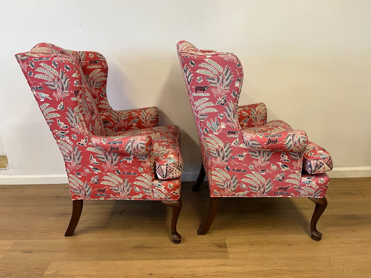 Queen Anne Wing Chairs in China Seas Malay Batik Fabric, Pair