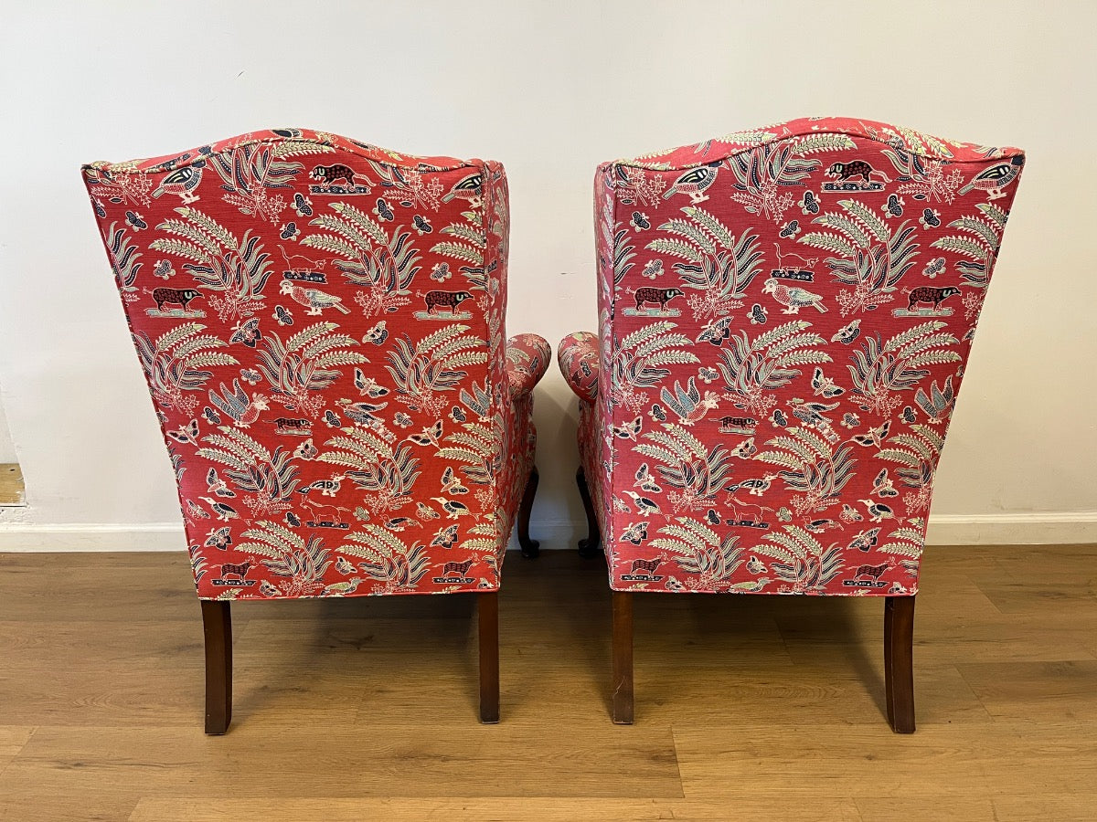 Queen Anne Wing Chairs in China Seas Malay Batik Fabric, Pair