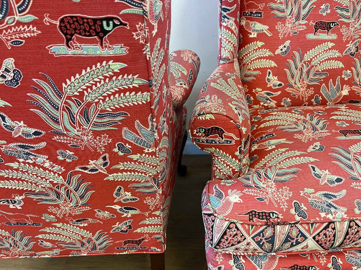 Queen Anne Wing Chairs in China Seas Malay Batik Fabric, Pair