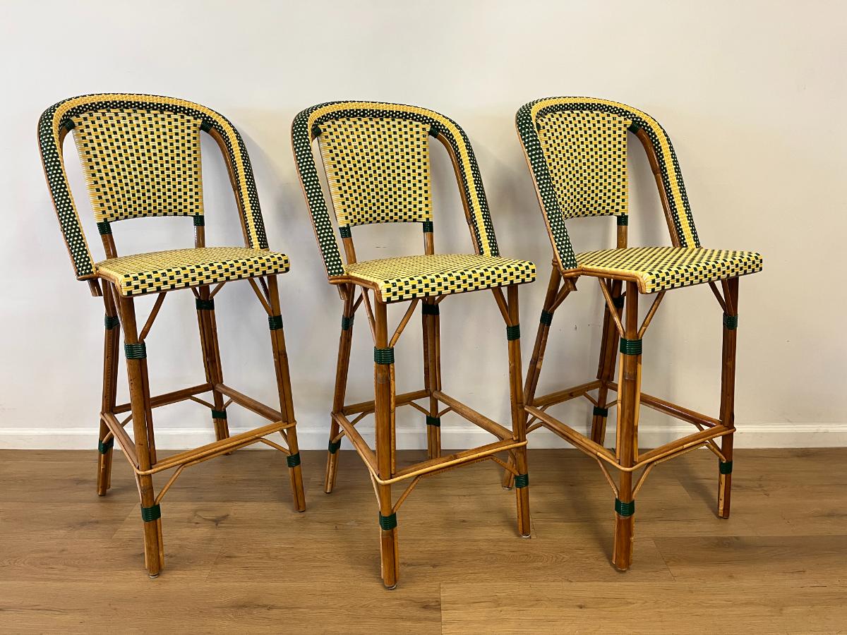Maison Louis Drucker “Sévigné” Rattan Bistro Barstools, Set of 3
