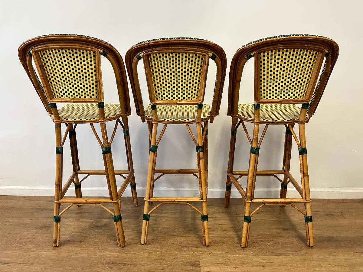 Maison Louis Drucker “Sévigné” Rattan Bistro Barstools, Set of 3