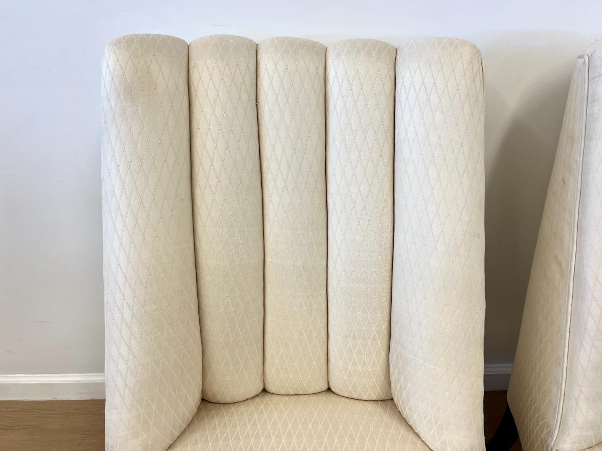 Vintage Channel Back Slipper Chairs in Ivory Upholstery, Pair