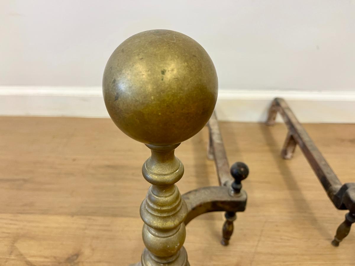 Antique 19th C Federal Brass Cannonball Bed Chamber Andirons