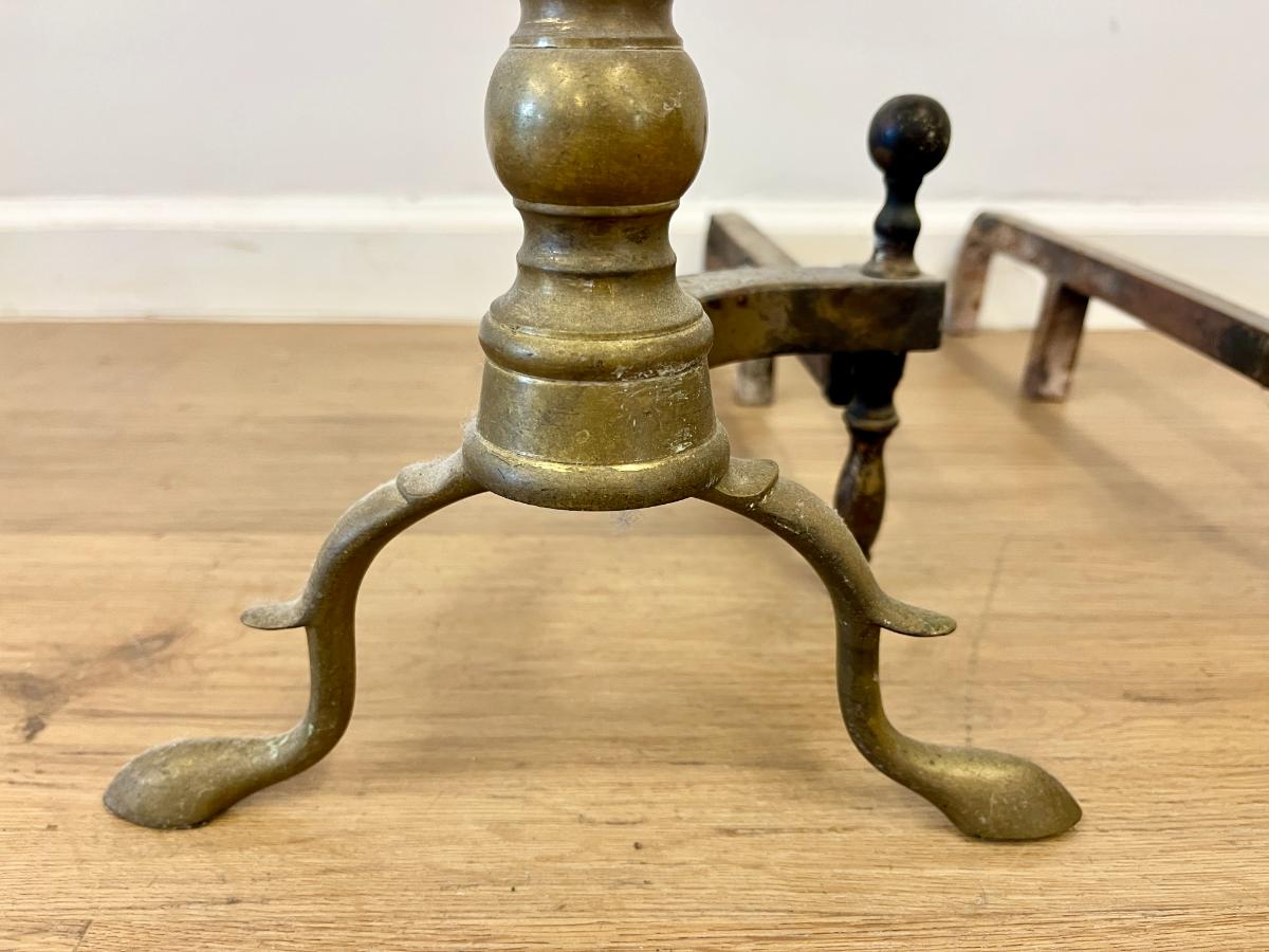 Antique 19th C Federal Brass Cannonball Bed Chamber Andirons