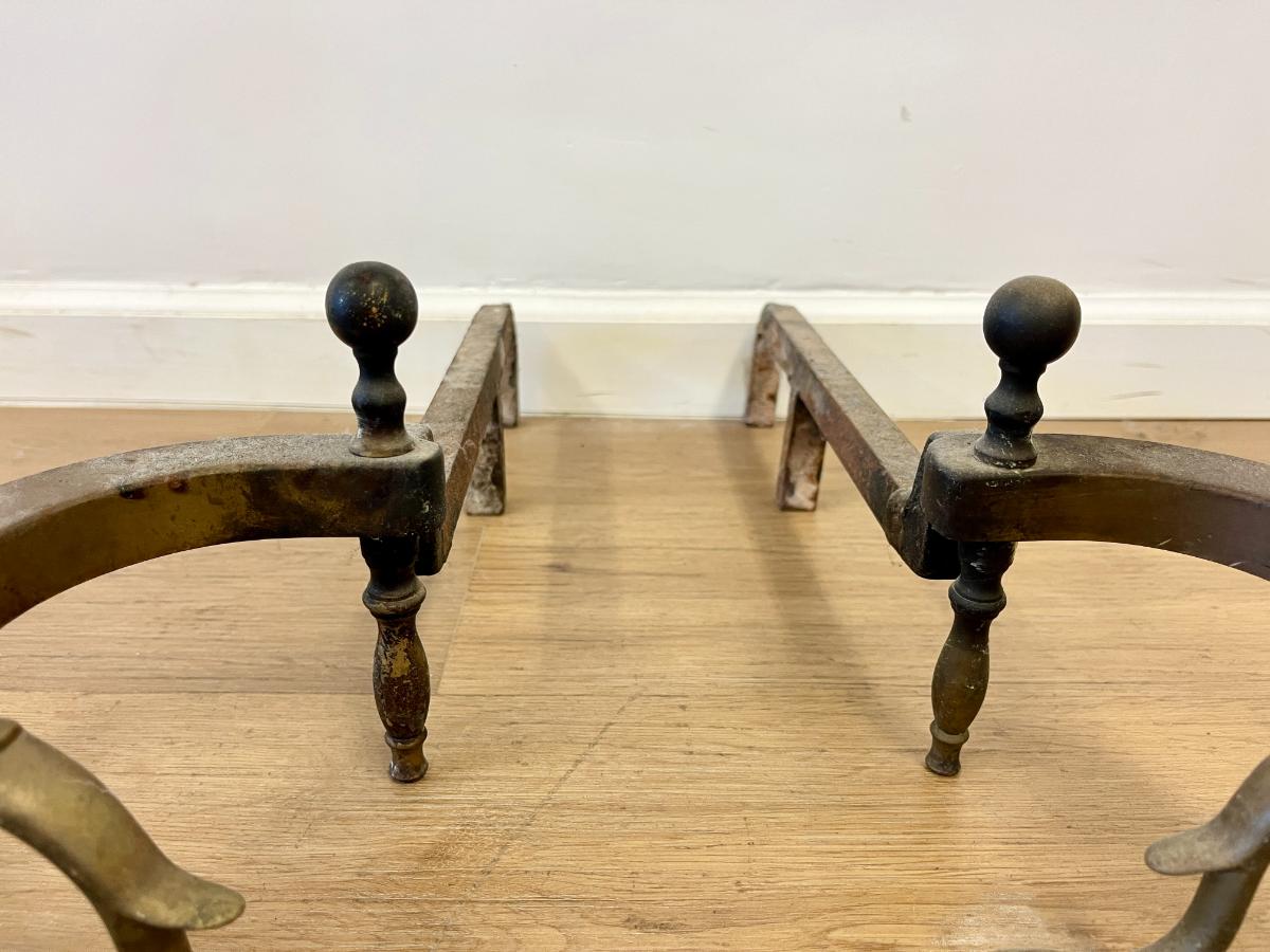Antique 19th C Federal Brass Cannonball Bed Chamber Andirons