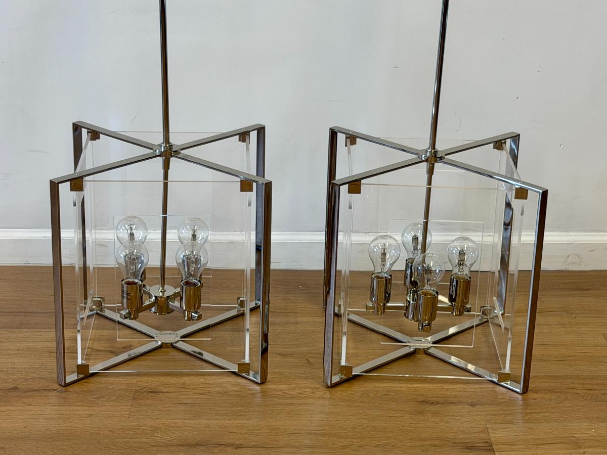 George Kovacs Four-Light Pendants in Polished Nickel, Pair