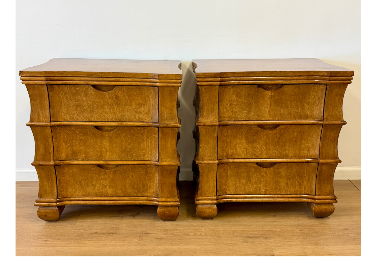Bespoke Three Drawer Nightstands with Faux Bamboo Detail, Pair