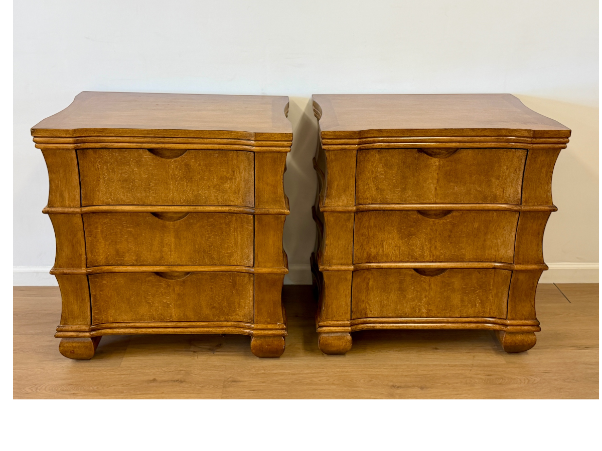 Bespoke Three Drawer Nightstands with Faux Bamboo Detail, Pair