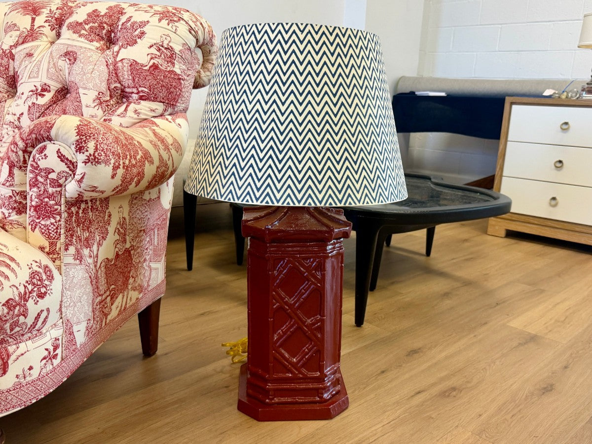 Red Faux-Bamboo Painted Pagoda Lamps with Chevron Shades