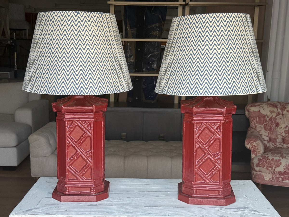 Red Faux-Bamboo Painted Pagoda Lamps with Chevron Shades