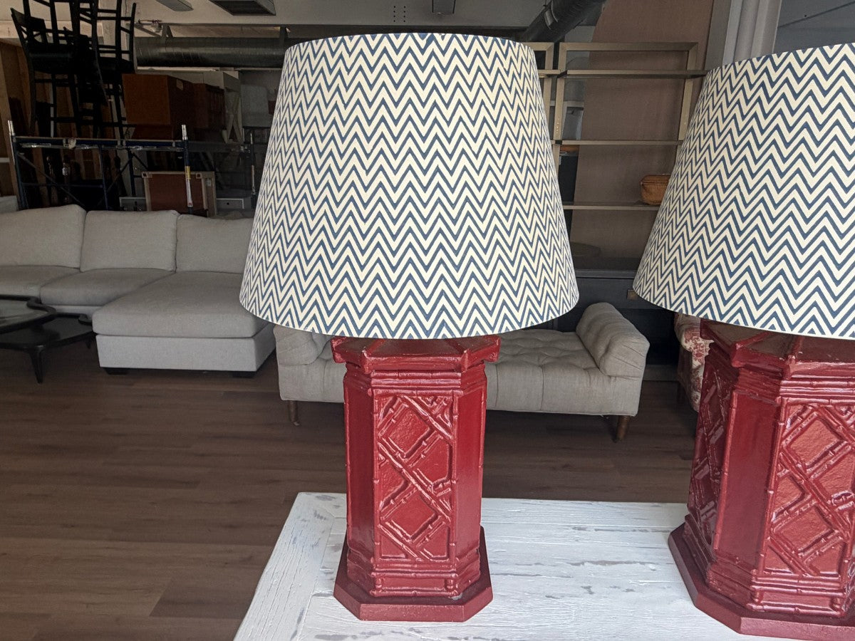 Red Faux-Bamboo Painted Pagoda Lamps with Chevron Shades