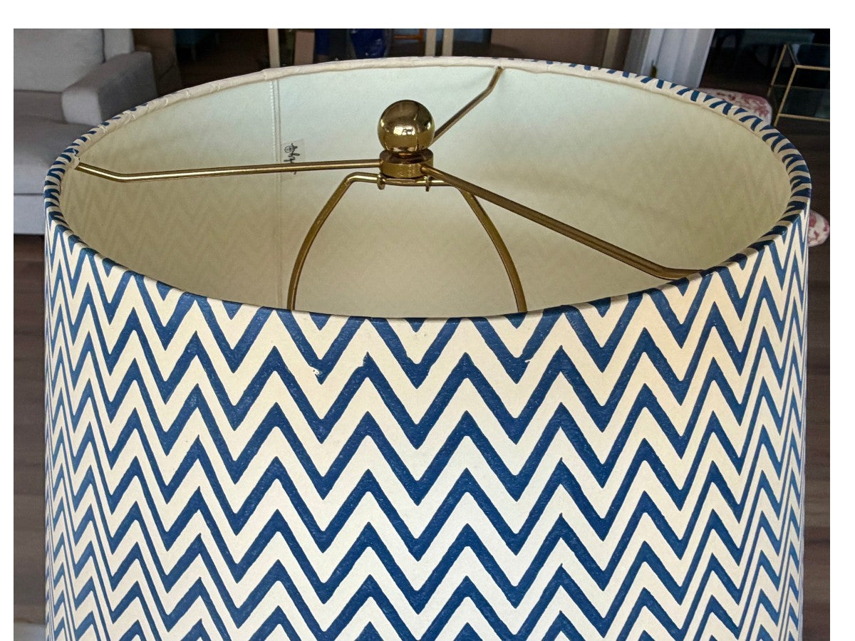 Red Faux-Bamboo Painted Pagoda Lamps with Chevron Shades
