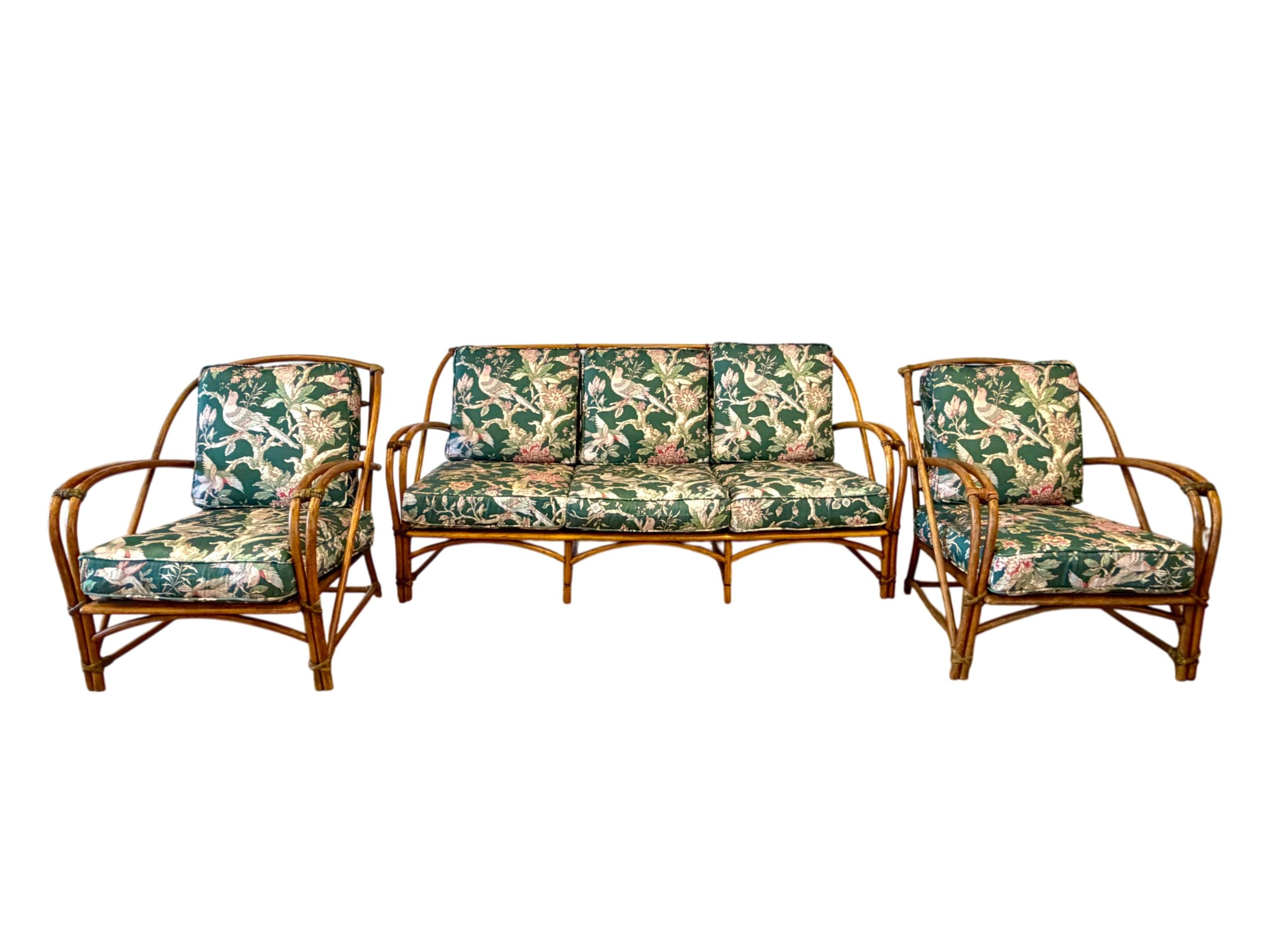 Vintage "1949" Heywood-Wakefield Rattan 3-Piece Sofa & Chairs Set