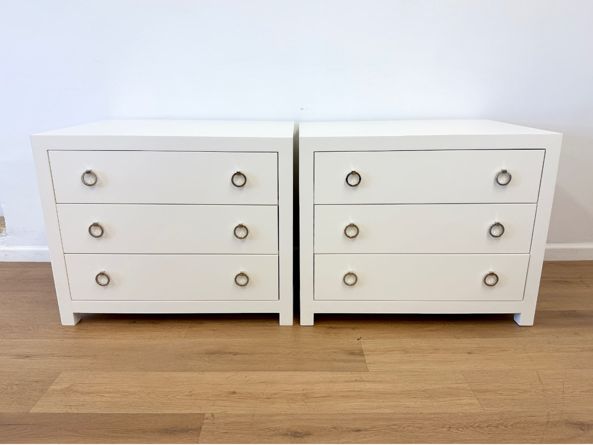 Lacquered “White Dove” Custom Bedside Tables, Pair