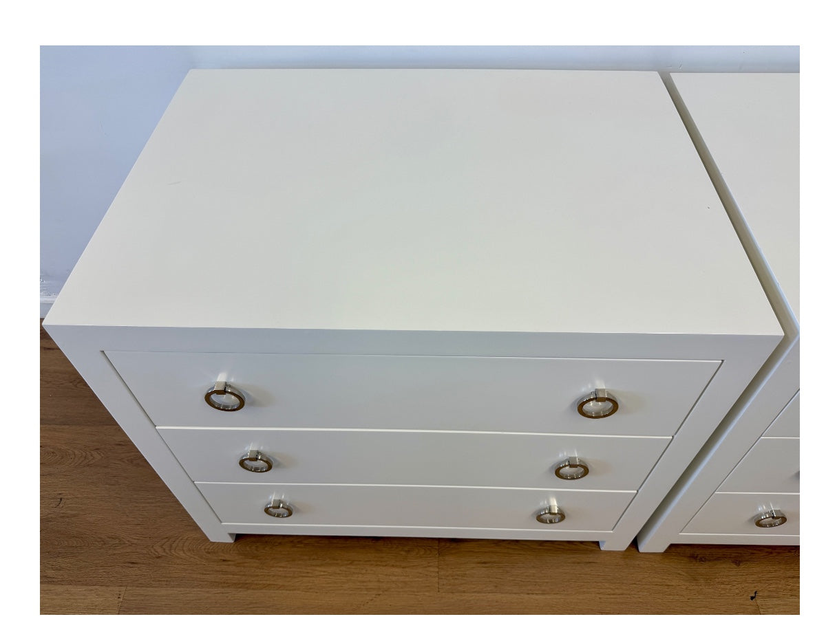 Lacquered “White Dove” Custom Bedside Tables, Pair