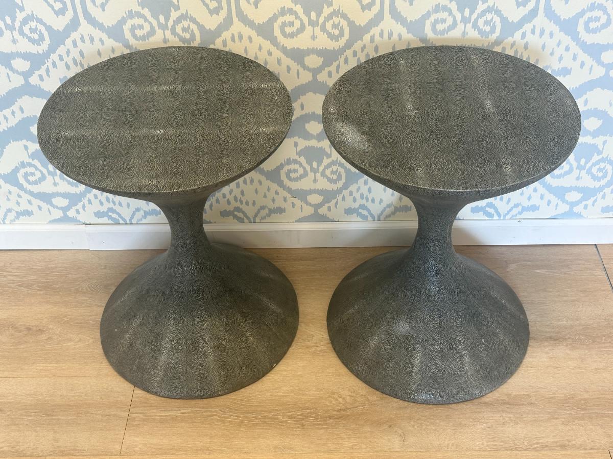 Dark Grey Shagreen Side Tables, Pair